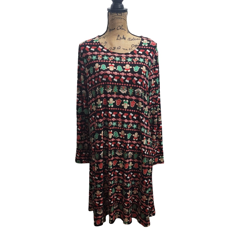 Joyland Women's XL Long Sleeve Christmas Gingerbread Cookie Candy Print Dress